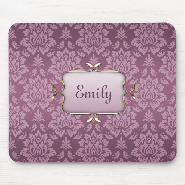 Elegant Purple Damask with Custom Name Mouse Pad (Front)