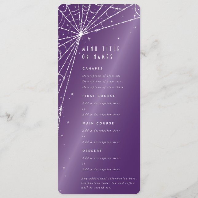 Elegant Purple Diamond Spider Web Flat 4 Course Menu (Front)