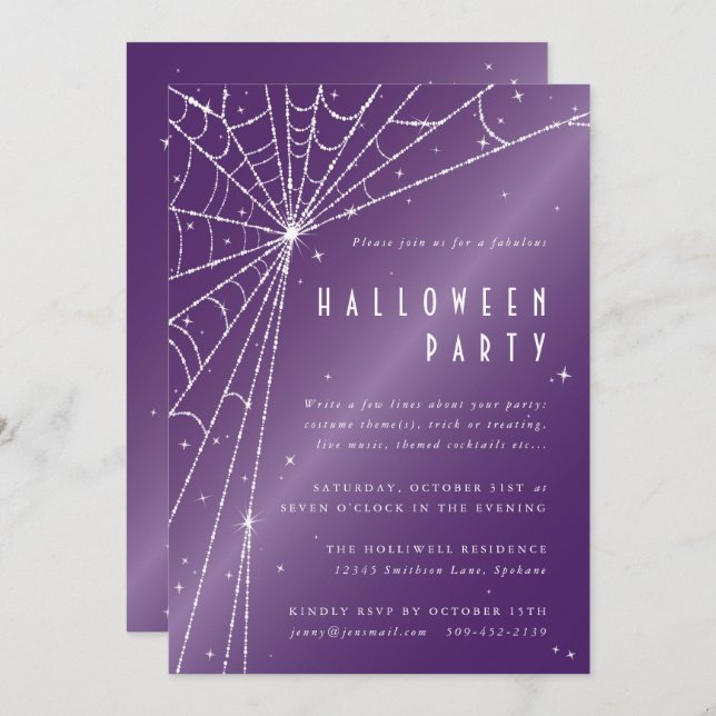 Elegant Purple Diamond Spider Web Halloween Party Invitation (Front/Back)