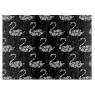 Elegant Purple Diamond Swan on Black Background Cutting Board