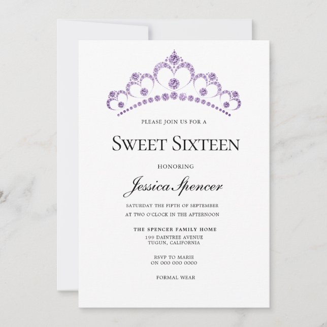 Elegant Purple Diamond Tiara Sweet 16 Invite (Front)