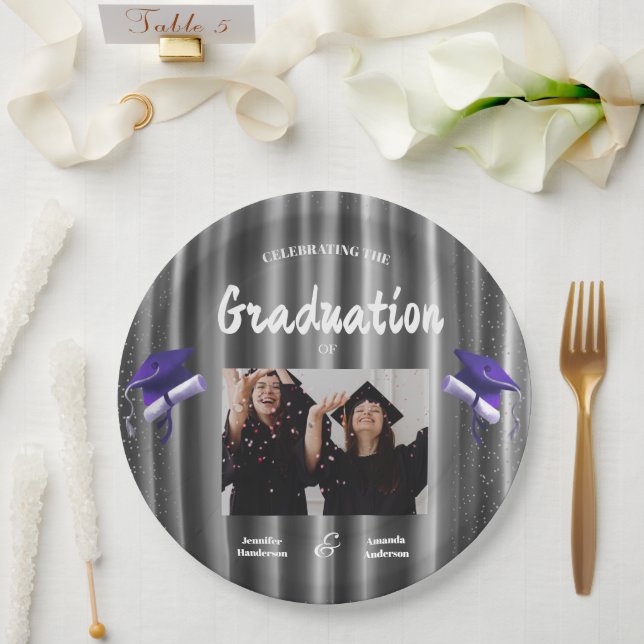 Elegant purple double graduation  2 photo  paper plate (Wedding)