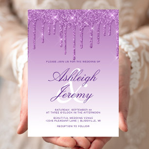 Elegant Purple Dripping Glitter Script Wedding Invitation