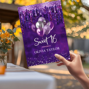 Elegant purple drips glitter balloons sweet 16 invitation