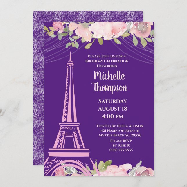 Elegant Purple Eiffel Tower Paris  Birthday  Invitation (Front/Back)
