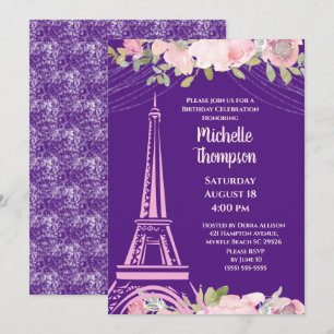 Elegant Purple Eiffel Tower Paris  Birthday  Invitation