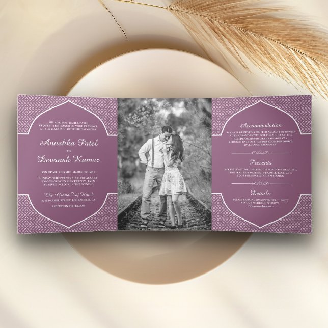 Elegant Purple Ethnic Indian Arch Wedding Photo Tri-Fold Invitation (Creator Uploaded)