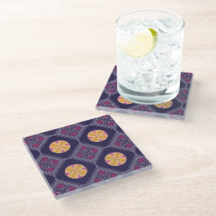 Elegant Purple Fabric with Yellow Floral Pattern Glass Coaster