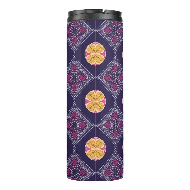 Elegant Purple Fabric with Yellow Floral Pattern Thermal Tumbler (Back)
