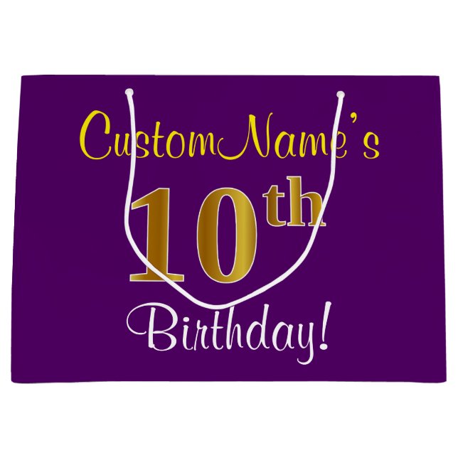 Elegant, Purple, Faux Gold 10th Birthday + Name Large Gift Bag (Front)