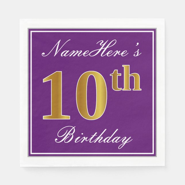 Elegant Purple, Faux Gold 10th Birthday + Name Napkin (Front)