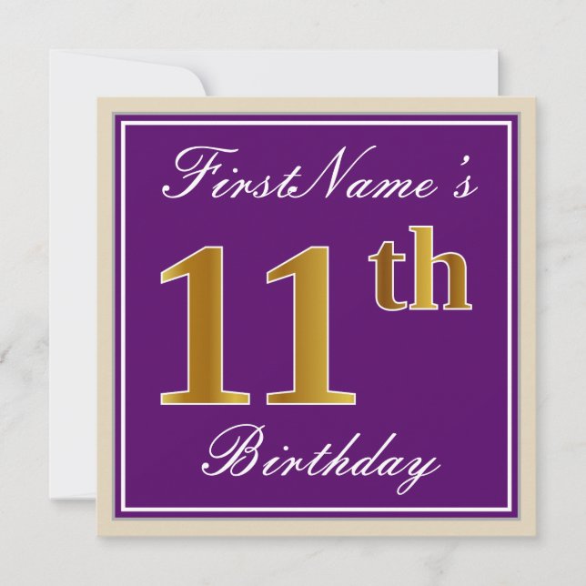 Elegant, Purple, Faux Gold 11th Birthday + Name Invitation (Front)