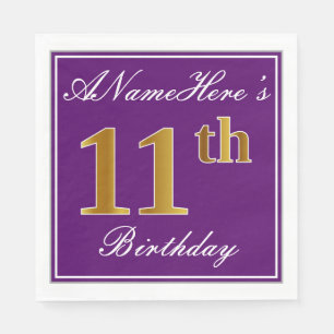 Elegant Purple, Faux Gold 11th Birthday + Name Napkin