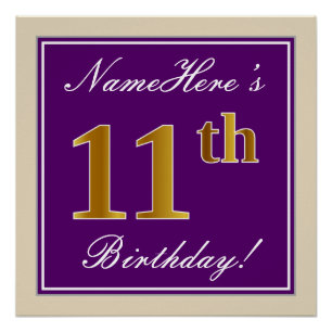 Elegant, Purple, Faux Gold 11th Birthday + Name Poster