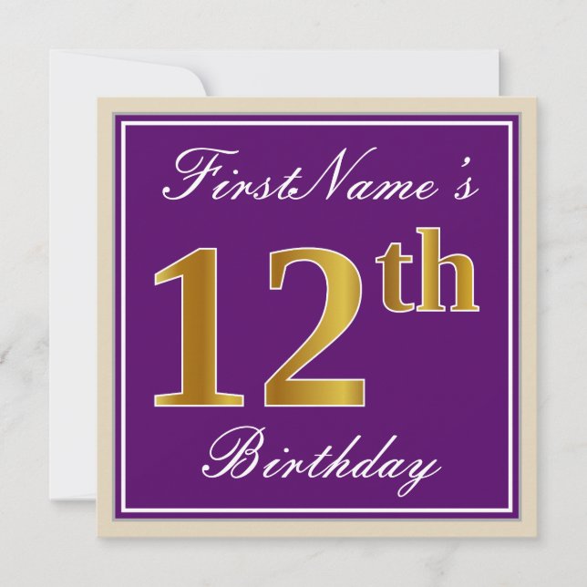 Elegant, Purple, Faux Gold 12th Birthday + Name Invitation (Front)