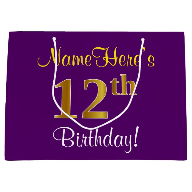Elegant, Purple, Faux Gold 12th Birthday + Name Large Gift Bag (Front)