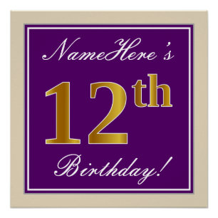 Elegant, Purple, Faux Gold 12th Birthday + Name Poster