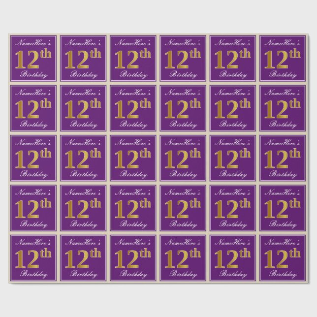 Elegant, Purple, Faux Gold 12th Birthday + Name Wrapping Paper (Flat)