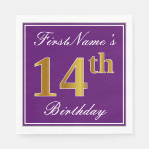 Elegant Purple, Faux Gold 14th Birthday + Name Napkin