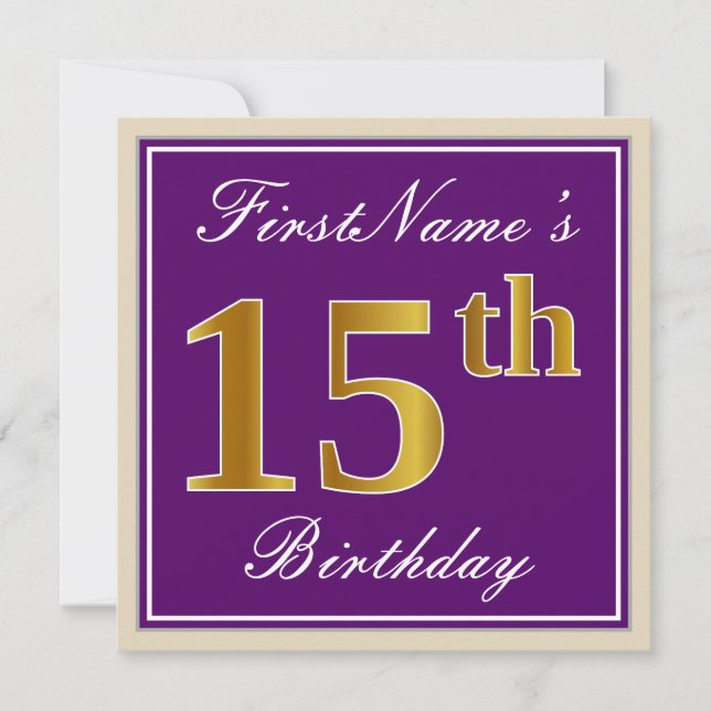 Elegant, Purple, Faux Gold 15th Birthday + Name Invitation (Front)