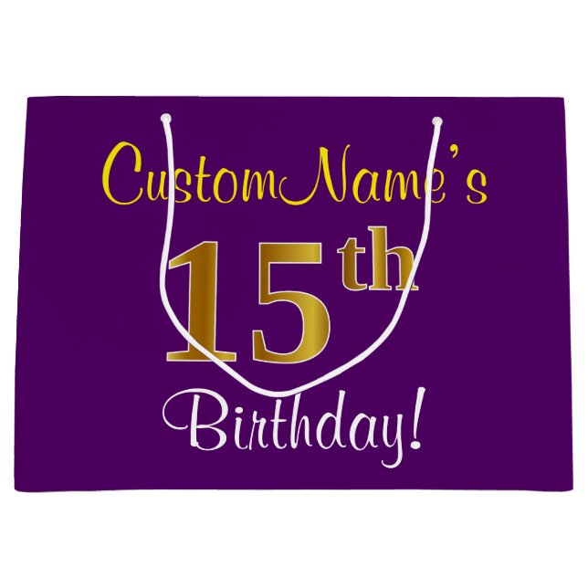 Elegant, Purple, Faux Gold 15th Birthday + Name Large Gift Bag (Front)