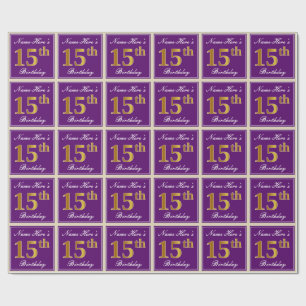 Elegant, Purple, Faux Gold 15th Birthday + Name Wrapping Paper