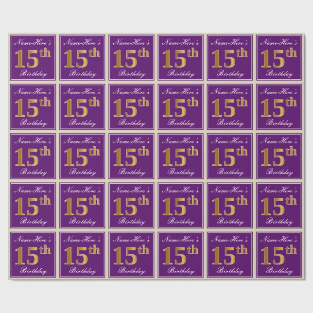 Elegant, Purple, Faux Gold 15th Birthday + Name Wrapping Paper (Flat)