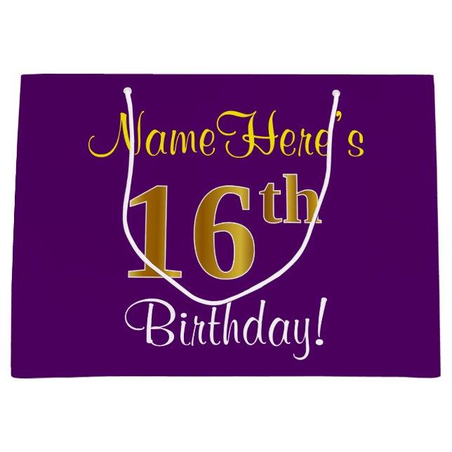 Elegant, Purple, Faux Gold 16th Birthday + Name Large Gift Bag (Front)
