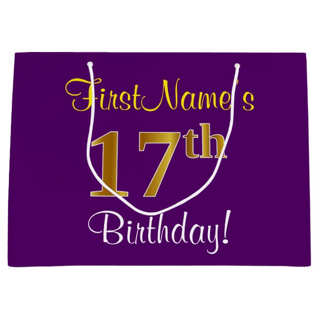 Elegant, Purple, Faux Gold 17th Birthday + Name Large Gift Bag (Front)