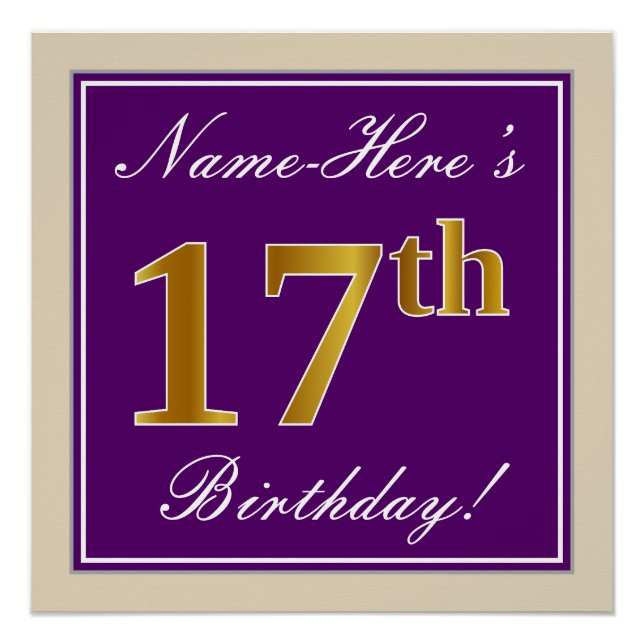 Elegant, Purple, Faux Gold 17th Birthday + Name Poster (Front)