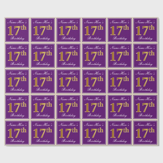 Elegant, Purple, Faux Gold 17th Birthday + Name Wrapping Paper (Flat)