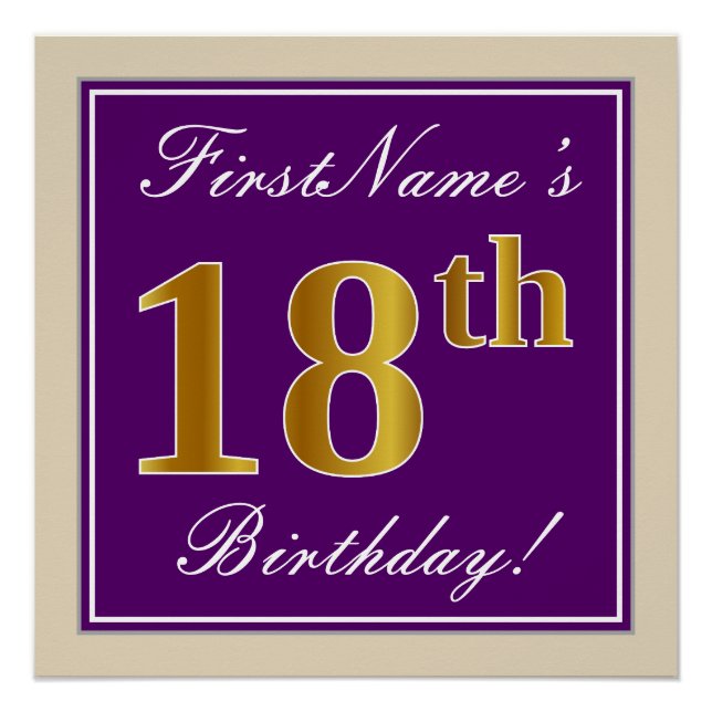 Elegant, Purple, Faux Gold 18th Birthday + Name Poster (Front)