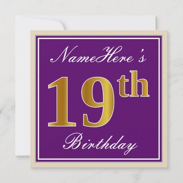 Elegant, Purple, Faux Gold 19th Birthday + Name Invitation (Front)