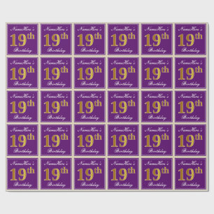 Elegant, Purple, Faux Gold 19th Birthday + Name Wrapping Paper