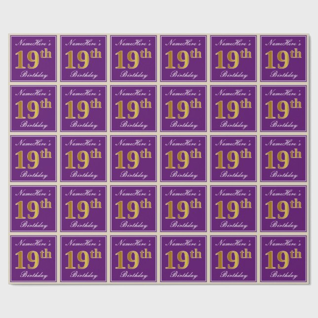 Elegant, Purple, Faux Gold 19th Birthday + Name Wrapping Paper (Flat)