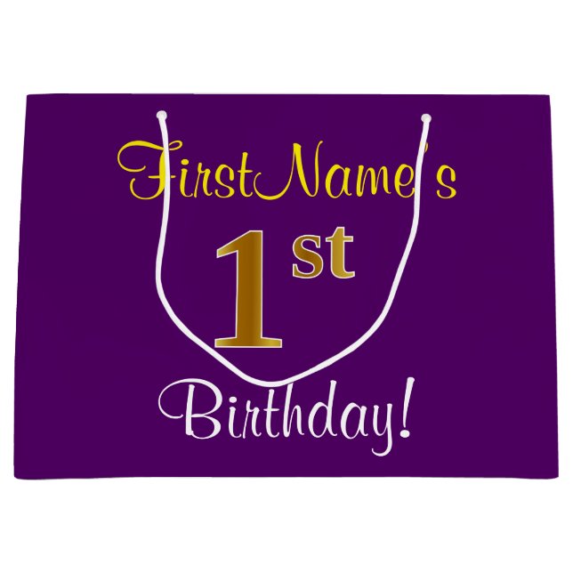 Elegant, Purple, Faux Gold 1st Birthday + Name Large Gift Bag (Front)