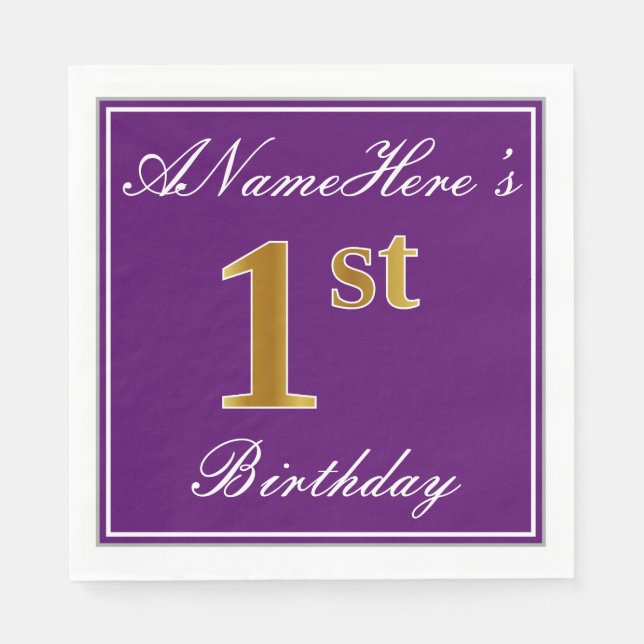 Elegant Purple, Faux Gold 1st Birthday + Name Napkin (Front)