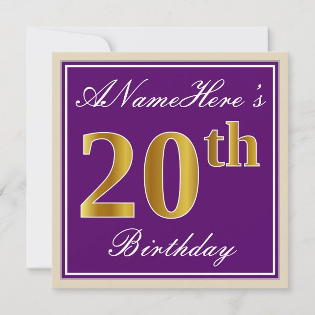 Elegant, Purple, Faux Gold 20th Birthday + Name Invitation (Front)