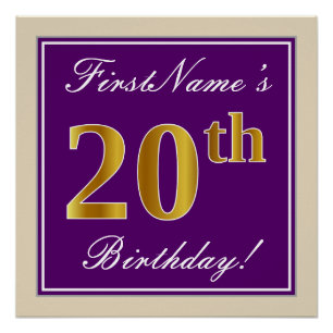 Elegant, Purple, Faux Gold 20th Birthday + Name Poster