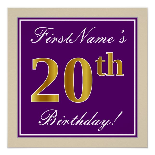 Elegant, Purple, Faux Gold 20th Birthday + Name Poster (Front)