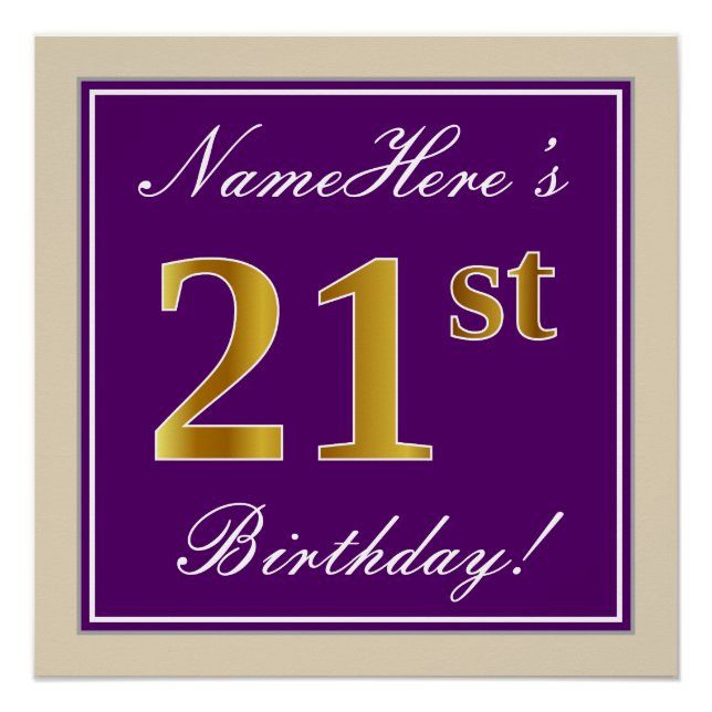 Elegant, Purple, Faux Gold 21st Birthday + Name Poster (Front)