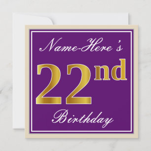Elegant, Purple, Faux Gold 22nd Birthday + Name Invitation