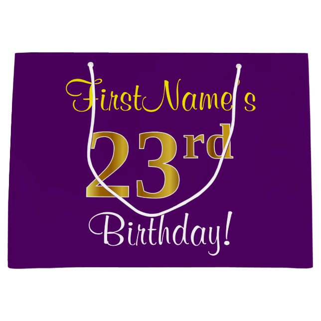 Elegant, Purple, Faux Gold 23rd Birthday + Name Large Gift Bag (Front)
