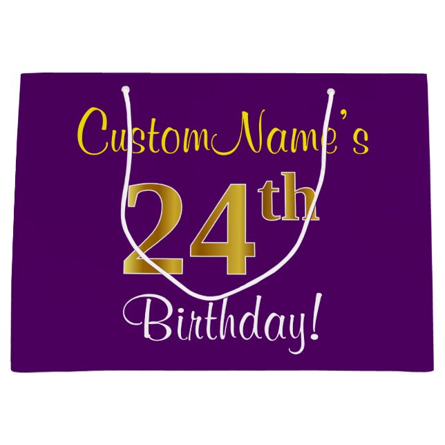 Elegant, Purple, Faux Gold 24th Birthday + Name Large Gift Bag (Front)