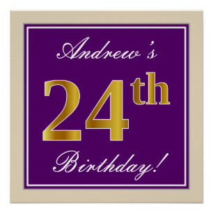 Elegant, Purple, Faux Gold 24th Birthday + Name Poster