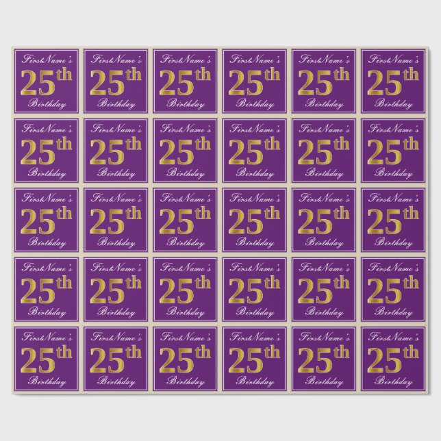 Elegant, Purple, Faux Gold 25th Birthday + Name Wrapping Paper (Flat)