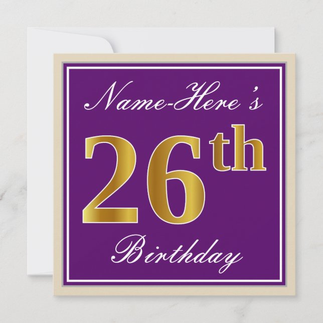 Elegant, Purple, Faux Gold 26th Birthday + Name Invitation (Front)