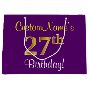 Elegant, Purple, Faux Gold 27th Birthday + Name Large Gift Bag