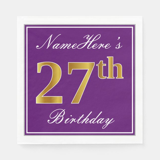 Elegant Purple, Faux Gold 27th Birthday + Name Napkin (Front)