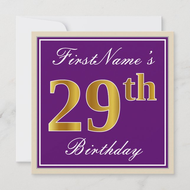 Elegant, Purple, Faux Gold 29th Birthday + Name Invitation (Front)